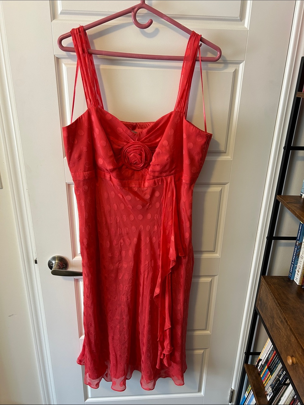 Jacques Vert 100% Silk Empire Waist Dress in “Geranium” Coral Dot Print